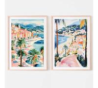 French Riviera Wall Art Print Set of 2 | Côte d'Azur Watercolour Prints | Mediterranean Coastal Decor | Travel Wall Art | Bedroom Living Room Prints | Unframed Art Prints UK (A2-42.0 x 59.4 cm)