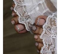 French Short False Toenails - French Brown Leopard Edge Toe Nail Tips - 24pcs Press On Toe Nails - Glossy Stick On Toe Nails with Glue - Full Cover Toe Nail Tips for Women Nails Art Manicure