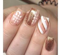 French Sparkling Christmas Brown Press-on Nails | 24pcs Sparkling Christmas Fake Nails | Square Fingernails with Glue | Long-Lasting & Comfortable Fit | Cozy Festive Nail Designs
