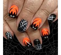 French Sparkling Press On Tips Halloween Black Cobweb Design Short Square Manicure Tips 24PCS Not Need Tools Short Square Glossy Nail