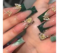 French Square False Nails Long with 3D Butterfly Elegant Ink Art Acrylic Nails for Women Durable & Reusable Fake Nails Gothic Coffin