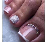 French Square Press on Toenails Short Nude Glitter with Glossy Rhinestone Design - 24Pcs Full Cover Stick on Fake Artificial Toenails with Accessory Tools for Women Girls DIY Daily Pedicure Kit