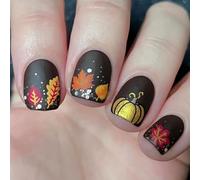 French Stick On Nails False Nails Short Square Thanksgiving Press On Nails Pumpkin Flower For Fall Celebrations