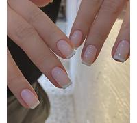 French Stick on Nails - Nude False Nails French Tip - 24PCS Medium Square Press on nails - Fake Nails with Glue - Full Cover Gule on Nnils - Long Lasting Acrylic Nail Tips for Women french Manicure