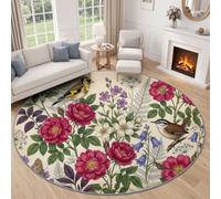 French Style Country Style Round Rug 100 cm Beige Low Pile Carpet Bedroom | Flowers Lily Of The Valley Roses Butterflies Leaves Birds Washable Circle Area Rugs, Non Slip Soft Carpet Living Room Office