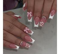 French Style False Nails with Pink White Glossy Finish & Bow Heart Rhinestone Decor - 24Pcs Short Square Press On Nail Tips Kit with Glue File for Romantic Wedding Party Events