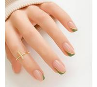 French Style Press On Nails - Nude Green Base with Gold Tip Accent, Natural Oval Shape Medium Length Artificial Nails Set For Wedding Party & Office, 24Pcs Reusable Glossy False for Women
