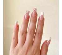 French Style Press-On Nails with 3D Pink Flower & Rhinestones - Square Oval Shape Glossy Nude Pink Artificial Fingernails for Women Wedding Party Daily Wear Reusable Fake Natural Curve Fit