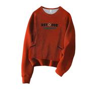French Style Retro Heavywork Flower Embroidery Fleece Lined Thick Pocket Sweatshirt Ladies Cosy Tops Fall Tees Tunic Casual Long Sleeve Tops Brick Red