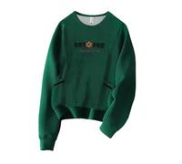 French Style Retro Heavywork Flower Embroidery Fleece Lined Thick Pocket Sweatshirt Ladies Cosy Tops Fall Tees Tunic Casual Long Sleeve Tops Blackish Green