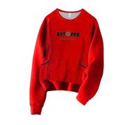 French Style Retro Heavywork Flower Embroidery Fleece Lined Thick Pocket Sweatshirt Ladies Cosy Tops Fall Tees Tunic Casual Long Sleeve Tops Red