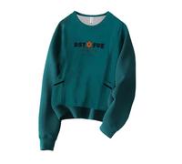 French Style Retro Heavywork Flower Embroidery Fleece Lined Thick Pocket Sweatshirt Ladies Cosy Tops Fall Tees Tunic Casual Long Sleeve Tops Blue
