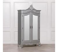 French Style Silver Carved 2 Door Mirror Armoire Wardrobe