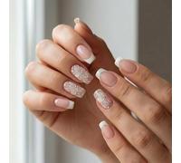 French Style White Tip Press-On Nails with Floral Rhinestone Accent - Squoval Artificial Nail Kit for Women, Easy Application Manicure Set for Weddings and Special Occasions