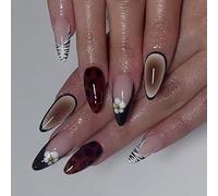 French Styles Black Print False Nails With Striped Floral Accents Beads 24Pcs Durability ABS Fake Nails For Women French Press On Nail