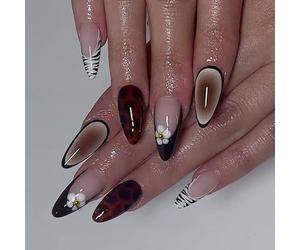 French Styles Black Print False Nails With Striped Floral Accents Beads 24Pcs Durability ABS Fake Nails For Women French Press On Nail