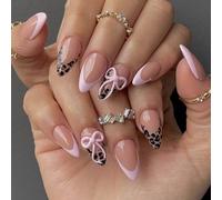 French Styles False Nails with Bows Leopards Print Design ABS Materials for Daily Wear and Special Occasions Leopards Print Nails