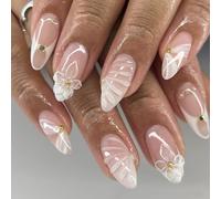 French Styles Flower Almond Press On Nails Media Short Length ABS Not Word Regulated Elegant Design Beach Holiday Nail Accessories