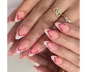 French Tip Fake Nails White with Red Dots Bows Design Elegant Artificial for Women Durability ABS Build Elegant with Bows Design