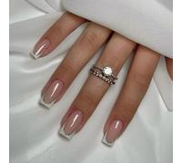 French Tip False Nails - 24pcs Coffin Press on Nails - 12 Sizes Stick on Nails with Glitter Edge - Full Cover Medium Length Acrylic nails with Nail File & Nail Sticky Tabs