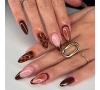 French Tip False Nails - 24pcs Elegant Gradual Amber Leopard Print Press On Nails - Medium Length Almond Strong Fake Nails with Glue - Full Cover Stick on Nails for Women French Nail Art