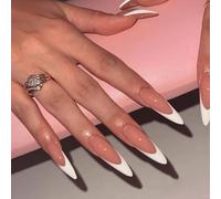 French Tip False Nails - 24pcs Long Almond Press on Nails - Nude Pink White-edge Fake Nail Tip with Glue - Oval Extra Long Full Cover Acrylic Glossy Elegant Stick on Nail for Women Manicure Decoration