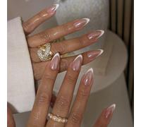 French Tip False Nails - 24pcs Medium Almond Press on Nails - Full Cover Fake Nail Tips with Glue - Acrylic Nails Glossy Nude with White Tips Designs for Women Nail ART Manicure Decoration