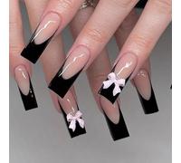 French Tip False Nails - 24pcs Press On Nails Long - French Style Black Edge Bow Stick On Nails With Glue - Long Coffin Shaped Elegant Ballet Luxury Design Fake Nails