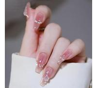 French Tip False Nails - 24pcs Press On Nails Long - Ice-Soaked Blush Camellia False Nails With Glue Long Coffin Shaped Elegant French Ballet Luxury Design Fake Nails