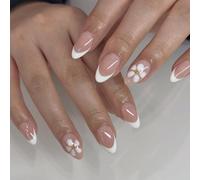 French Tip False Nails - 24Pcs Short Almond Press on Nails - Daisy Flower French Tip Nails - Full Cover Nude Pink Fake nails with Glue, Reusable Short Almond nails Nail Art Decoration