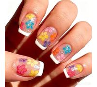 French Tip False Nails - 24Pcs Short Square Press on Nails - White French Tip Nude Nails with Flower & Glitter Design - Acrylic Full Cover Fake Nails with Glue - Fake Nails for Quick Salon Look
