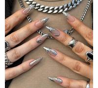 French Tip False Nails - 24pcs Silver Swirl False Nails - Medium Almond 3D Press on Nails - 12 Sizes Gothic Fake Nails with Glue - Full Cover Irregular Pattern Design Stick on Nails for Women Girls