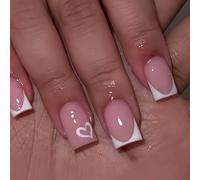 French Tip False Nails - Fake Nails with Glue - 24PCS Pink Heart Press on nails - French Tip Stick on Nails - Medium Square nail Tips Full Cover Long Lasting - Glue on Nails for Women DIY Manicure