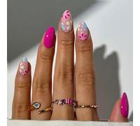 French Tip False Nails - Hot Pink Oval French Tip Press-On Nails Short Almond with Flowers - 24Pcs Glossy White tip Acrylic False Nails with Glue - Full Cover Nail french tip Stick on Nails