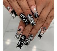 French Tip False Nails - Long Coffin Gothic Press On Nails With Glue - Black And Silver Ballet Fake Nails With Star Rhinestone Cross Kitty Design - Removable Full Cover Stick On Nails Women Nail Art