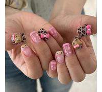 French Tip False Nails - Long Gothic With Glue - Black And Silver Ballet Fake Nails With Star Rhinestone Cross Kitty Design - Removable Full Cover Women Nail Art Pink (Leopard Print 3D Hello Kitty)