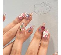 French Tip False Nails - Long Gothic With Glue - Black And Silver Ballet Fake Nails With Star Rhinestone Cross Kitty Design - Removable Full Cover Women Nail Art Glitter Pink (Gem&Hello Kitty)