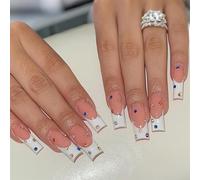 French Tip False Nails - Long Medium Square Press On Nails With Rhinestone - Glossy Removable White Tip Nude Stick On nails - Acrylic Full Cover Fake Nails For Women Girls DIY Nail Art Accessories