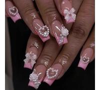 French Tip False Nails, Long Press On Nails With Glue, 24Pcs Pink Stick On Nails With Hot Pink Tips In Square Shape, Fake Nails With 3D Flowers, Heart Pearls & Bow For Women Nail Art