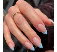 French Tip False Nails Medium Oval - 24PCS Baby Blue-edge Nude Based Almond Press on Nails - Light Blue Almond Short Fake Nails with Glue - Glossy Full Cover Reusable Stick on Nail for Women Nail Art