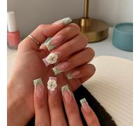 French Tip False Nails, Nude Pink And Pale Green, Tapered Square Shape | Glossy Finish, Raised Flowers With Gold-Coloured Centres, For Weddings, Social Events And Everyday Styling