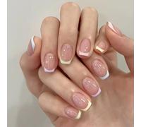 French Tip False Nails, Press on Nails with Glue, Colourful Square Short Stick on Nails, Full Cover Elegant Nude Acrylic Nails Fake Nails for Women Nail Art (24PCS)