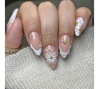 French Tip False Nails - Short Almond Fake Nails - Oval Press On Nails With Glue - Nude Pink Nail Tips With 3D Rhinestone Floral Star Pearl Waves Designs - Full Cover Acrylic Stick On Nails For Women