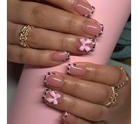 French Tip False Nails - Short Leopard Square Press On Nails Pattern - Ballerina Fake Nails With Pink Bow - Removable Acrylic Stick On Nail For Women Girls Summer Cute Nail Art