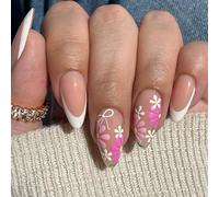 French Tip False Nails - Short Medium Almond False Nails - Nude Press On Nails With Flower - Glossy Fake Nails With Glue Long Lasting - Acrylic Full Cover White French Tip For Women Nail Art Manicure