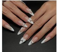 French Tip False Nails - Short Medium Almond Press On Nails With Glue - Oval White French Tip Nude Fake Nails With Bow - Natural Reusable Full Cover Acrylic Stick On nails For Women Girls DIY Nail Art