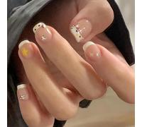 French Tip False Nails - Short Square White Tip Nude Press On Nails With Kitty Star Rhinestones - Removable Glossy Classic French False Nails With Glue Long Lasting For Women Nails Art DIY Accessorie