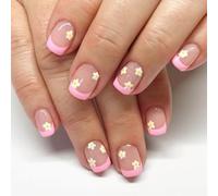 French Tip False Nails With Floral Design, SXVME Pink French Tip Press on Nails Short Square Flowers Full Cover Spring Nude Fake Nails Press on, Natural Glue on Nails for Women in 24 Pcs