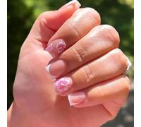 French Tip False Nails with Flower - 24pcs Press On Nails Square - Pink Short False Nails with Glue - Removable Acrylic Nails Stick on Nails for Women Girls Nail Art