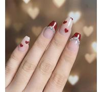 French Tip False Nails with Red Hearts & Rhinestones for Women - Reusable Stick On Nails Short Almond Shape Glossy Pink Transparent Fake for Party Wedding Valentine's Day Gift 24 Pieces